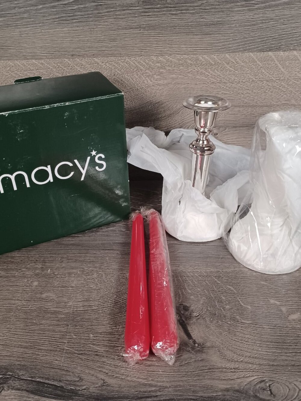 New Macy's Silverplated Candle Pair of Sticks With Red Candles
